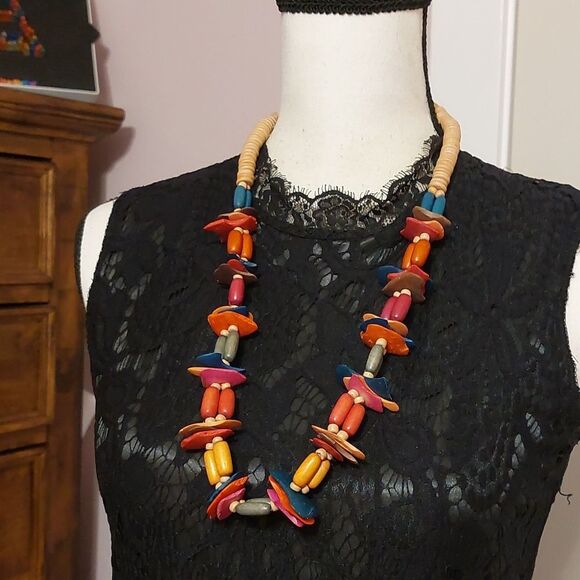 Tribal Exotic Fun Multicolor Wooden Beads Necklace Bold Statement - Picture 3 of 6